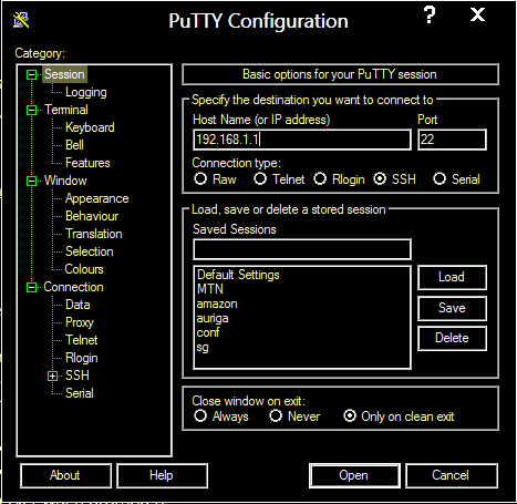 putty is used to access ssh server 192.168.1.1