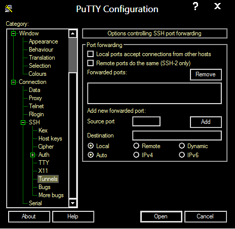 ssh tunnel using putty by selecting SSH and then Tunnels