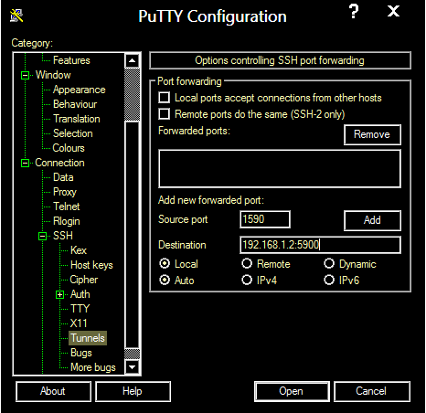Options controlling ssh port forwarding using putty