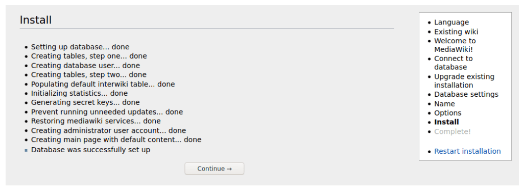 screenshot of mediawiki installation progress