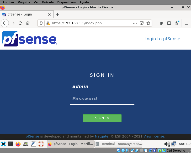 pfsense webConfigurator login screen