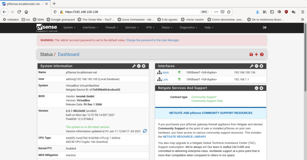 main pfSense screen