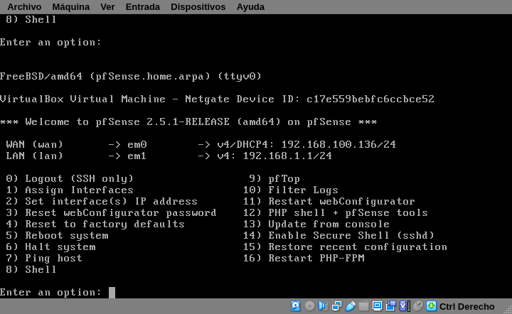 main pfSense configure screen