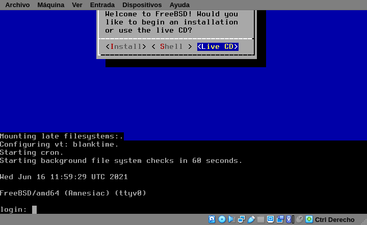 screenshot of booting the install media in live-cd mode