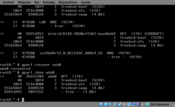 screenshot of corrected partition configuration with spare space