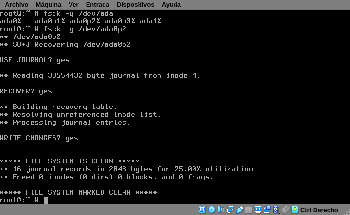screenshot of the fsck output after growing the filesystem