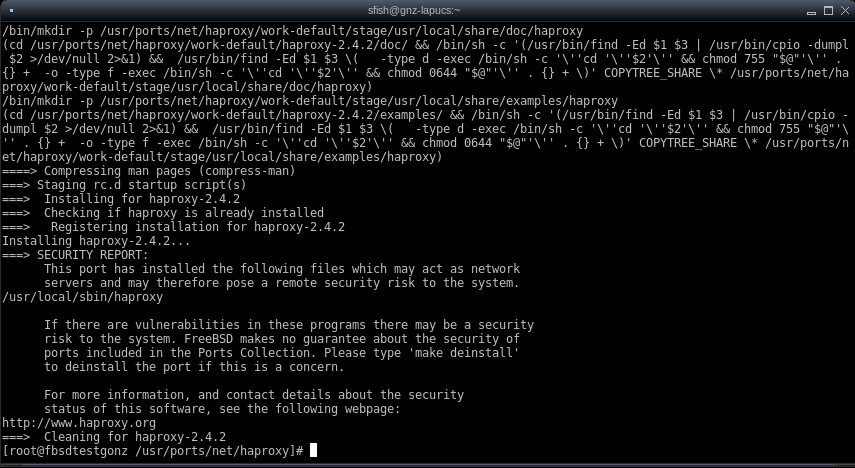 screenshot of the end of haproxy port compilation and install