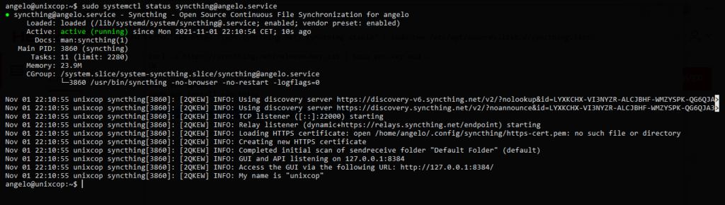 1.- Syncthing service status