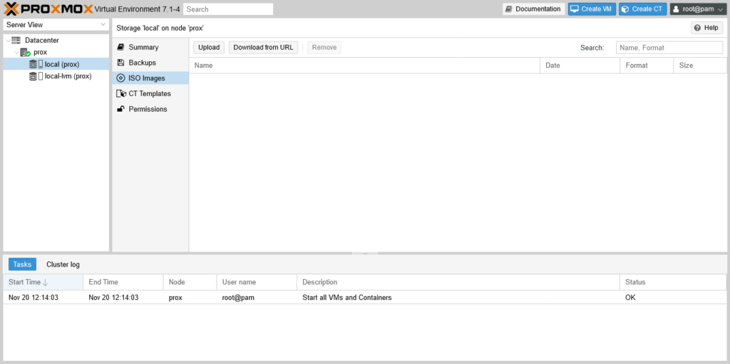 ISO Images screen on the Proxmox server