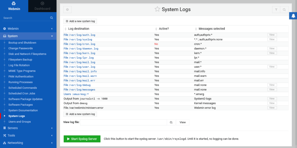 1.- System logs using Webmin