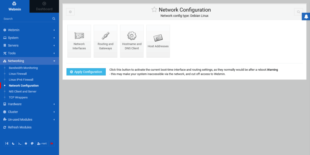 1.- Network configuration on Webmin