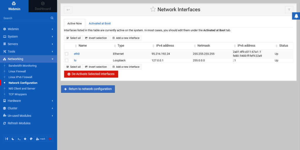 2.- Network interfaces on Webmin