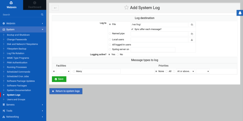 2. Creating a new System log with Webmin