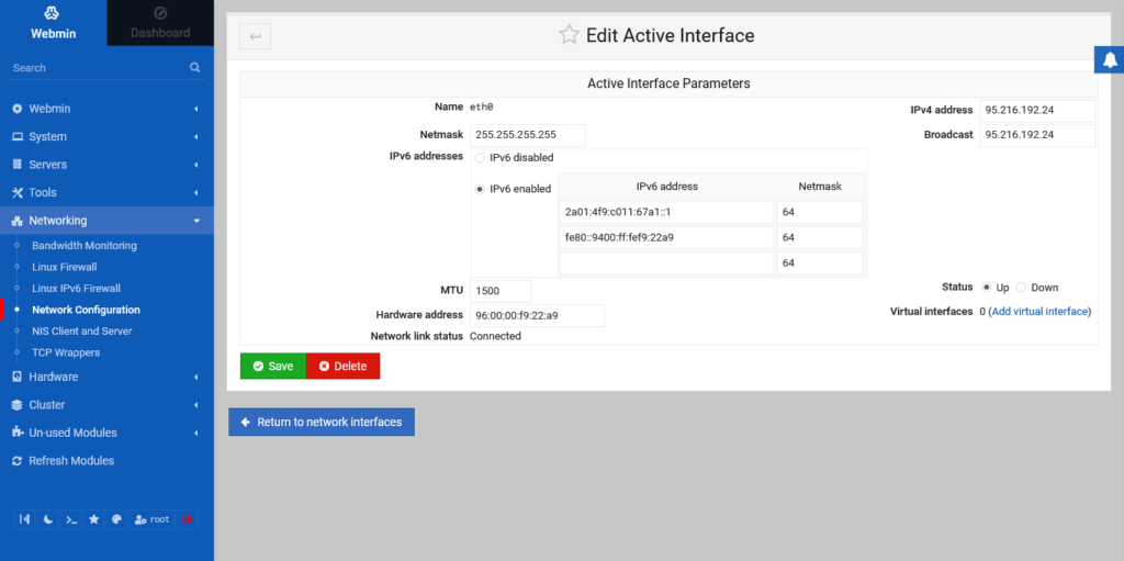 3.- Set a static IP Address with Webmin