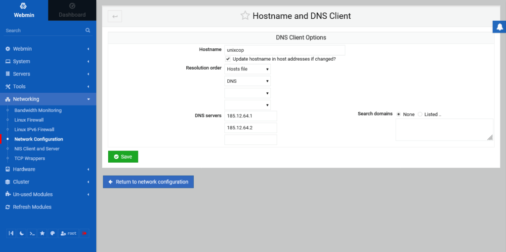 5.- Set a new hostname for the system with Webmin