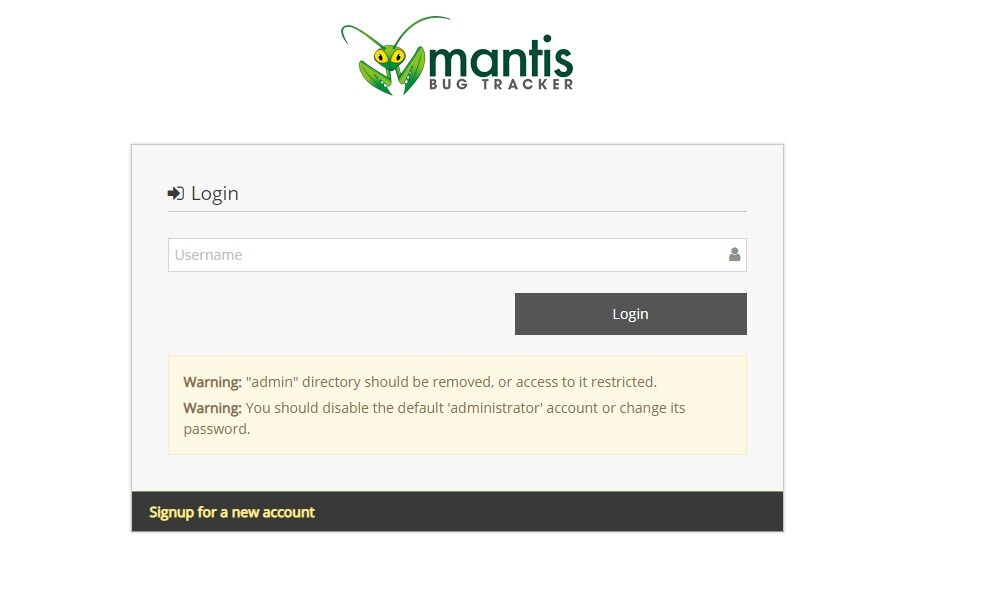 5.- Mantis Bug Tracker login screen