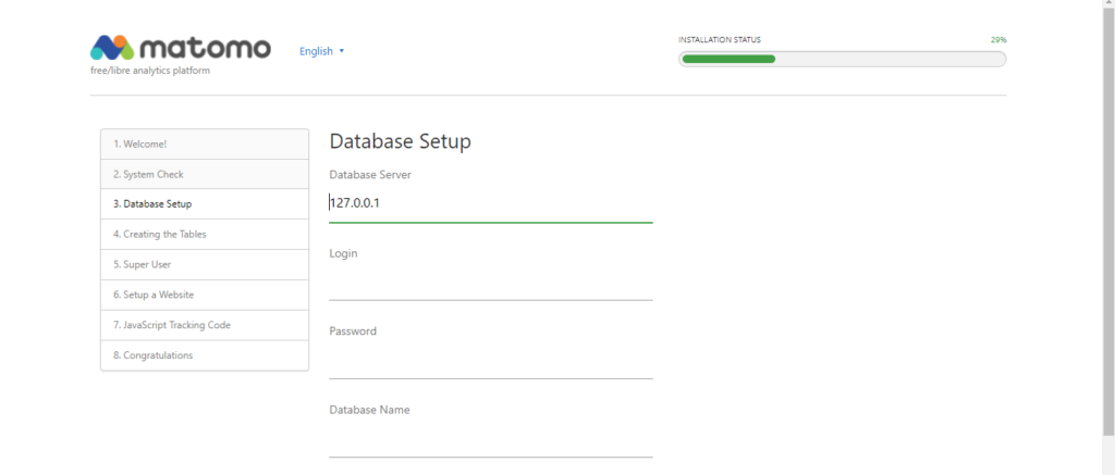 4.- Database setup screen