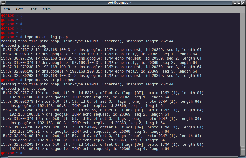 reading a file captured and then doing the same with increased verbosity