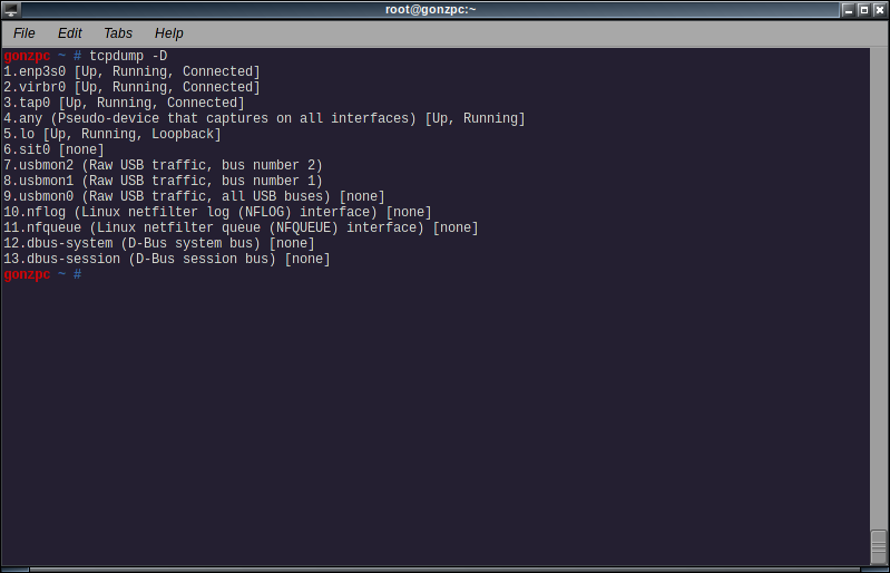 network traffic analysis with tcpdump. Showing the available network cards