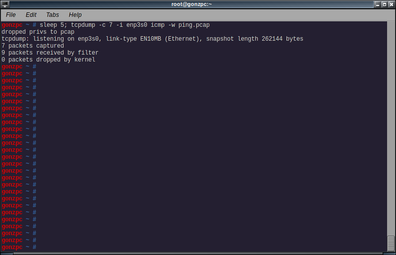 tcpdump capturing 7 icmp packets from the enp3s0 interface and saving them to ping.pcap file