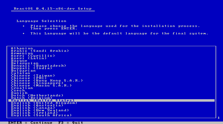 how to install reactos. choose the installation language