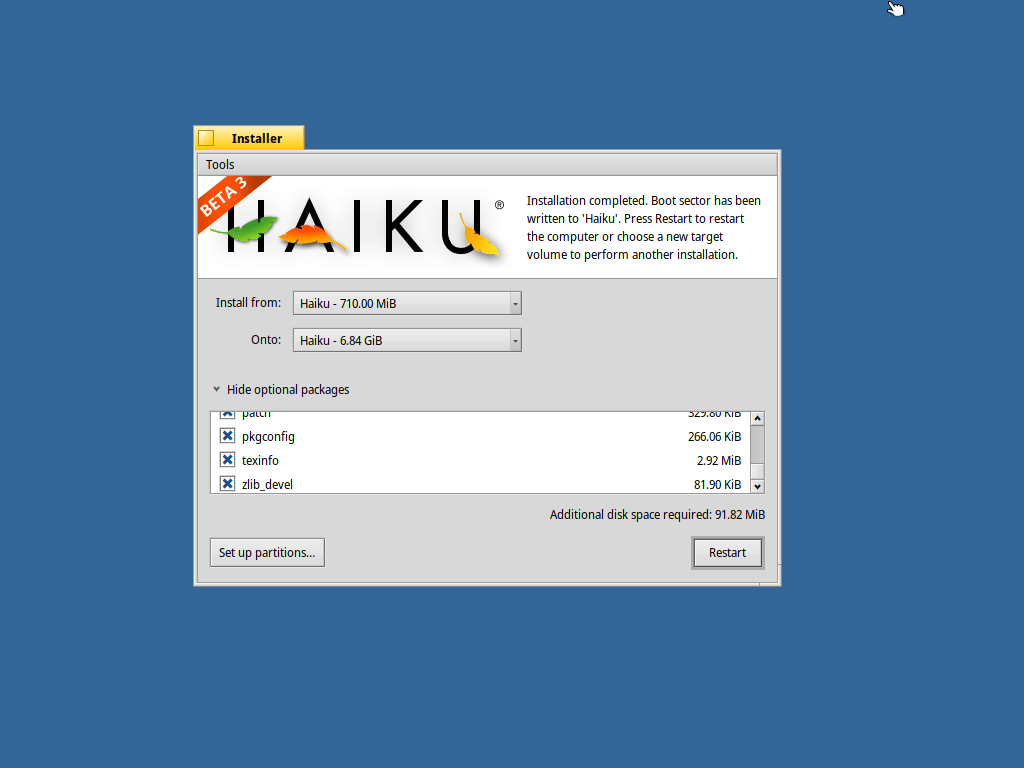 How to install haiku. Installation complete