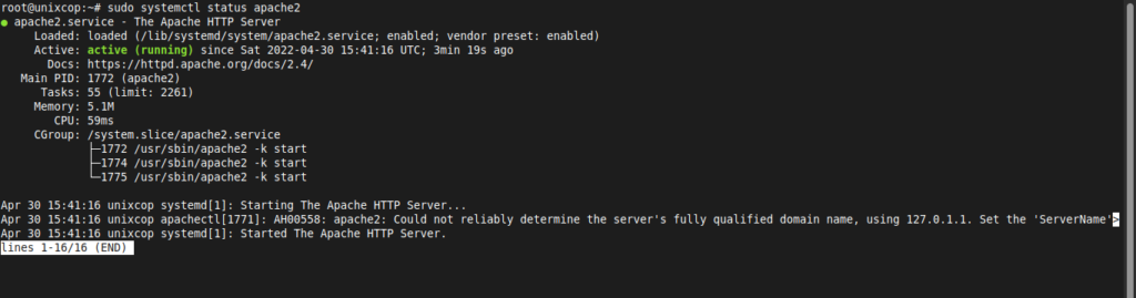 1.- Apache service status on Ubuntu 22.04
