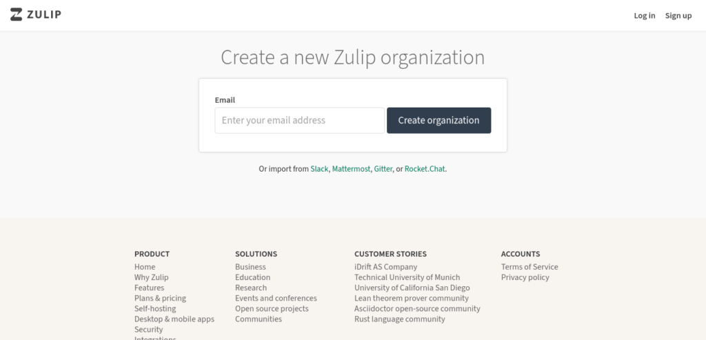 2.- Creating a new organization on Zulip