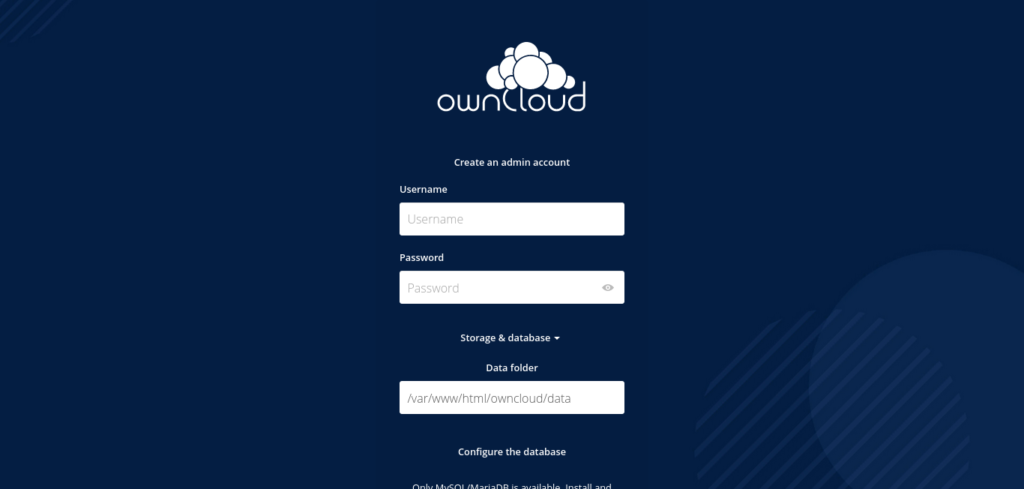 Creating the admin user on Owncloud