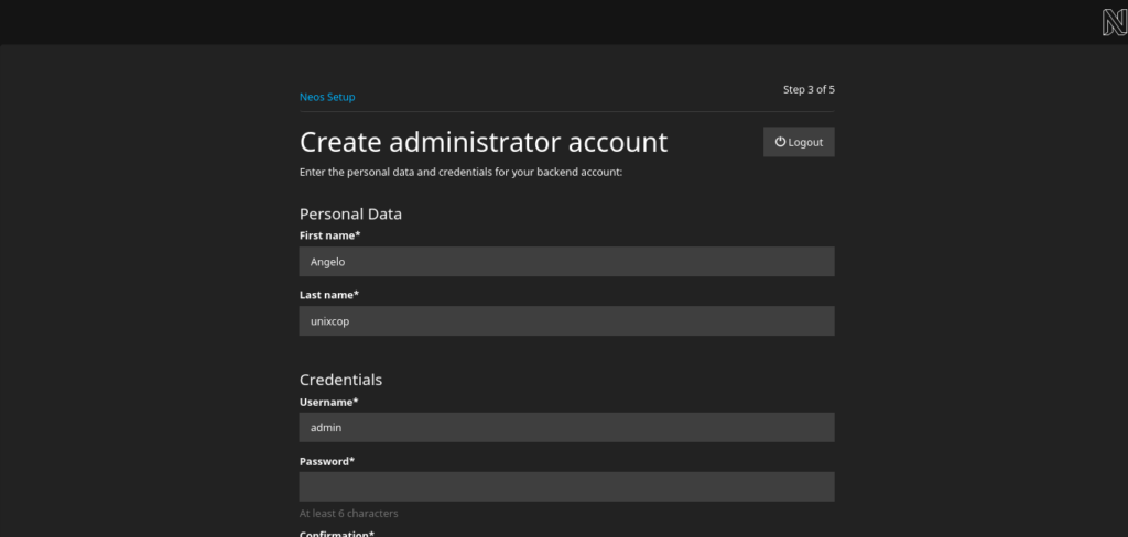 Creating the admin user