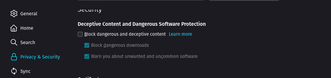 Disable the "Block dangerous and deceptive content" Firefox feature