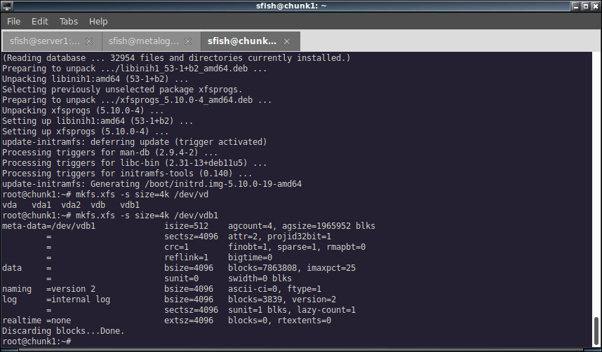 Creating a XFS filesystem on that partition. Notice that I had to install xfsprogs