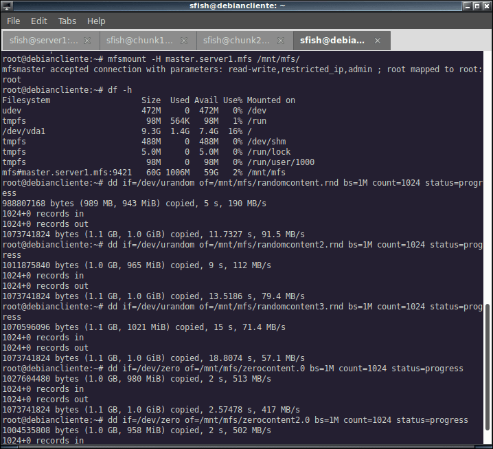 working with moosefs. Mounting a remote filesystem and writing some files