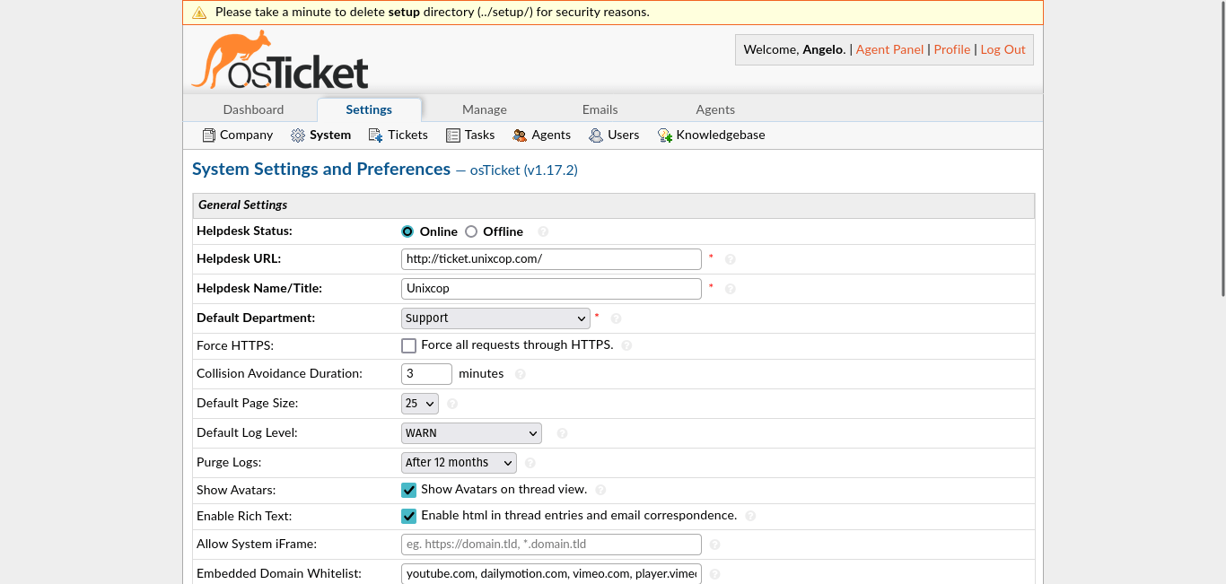 osTicket admin page on Ubuntu 22.04