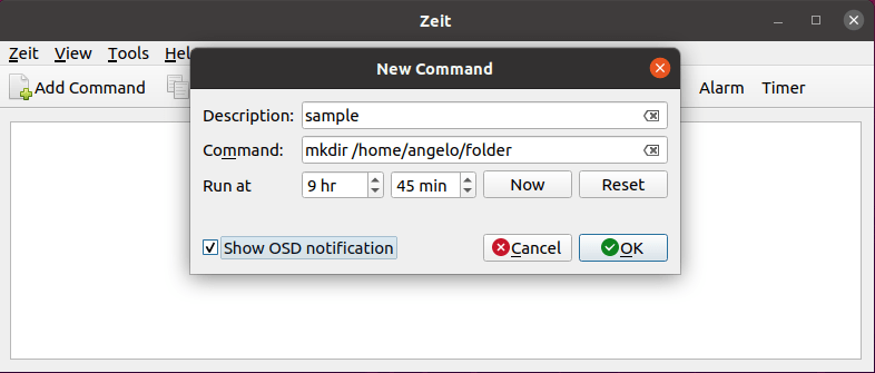 Creating non periodic commands with Zeit on Ubuntu