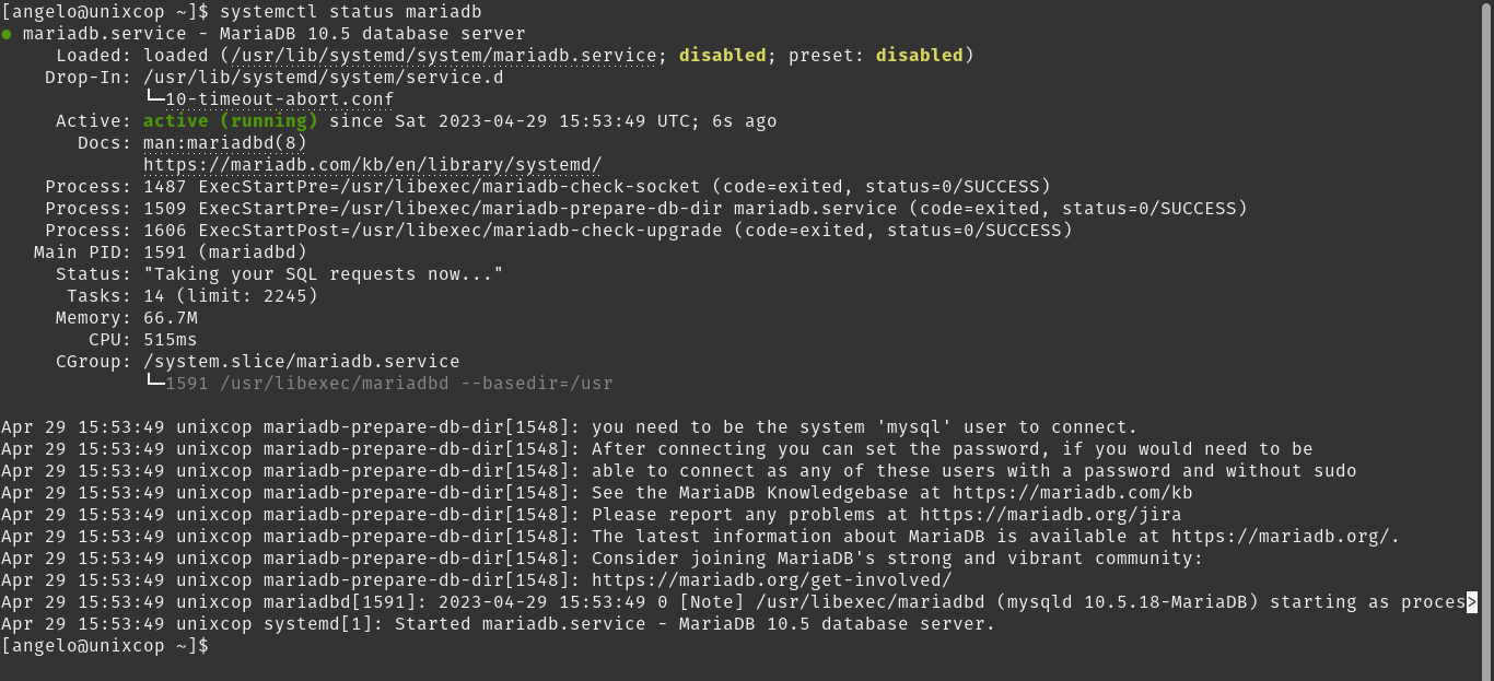 MariaDB status on  Fedora