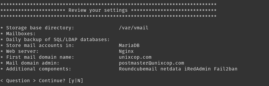 Review the iRedMail installation settings