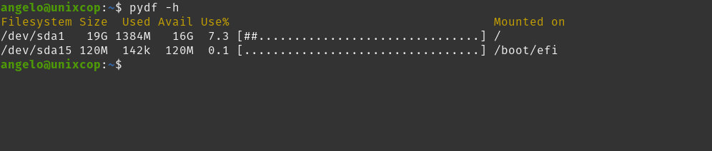 Using the pydf command to show the disk